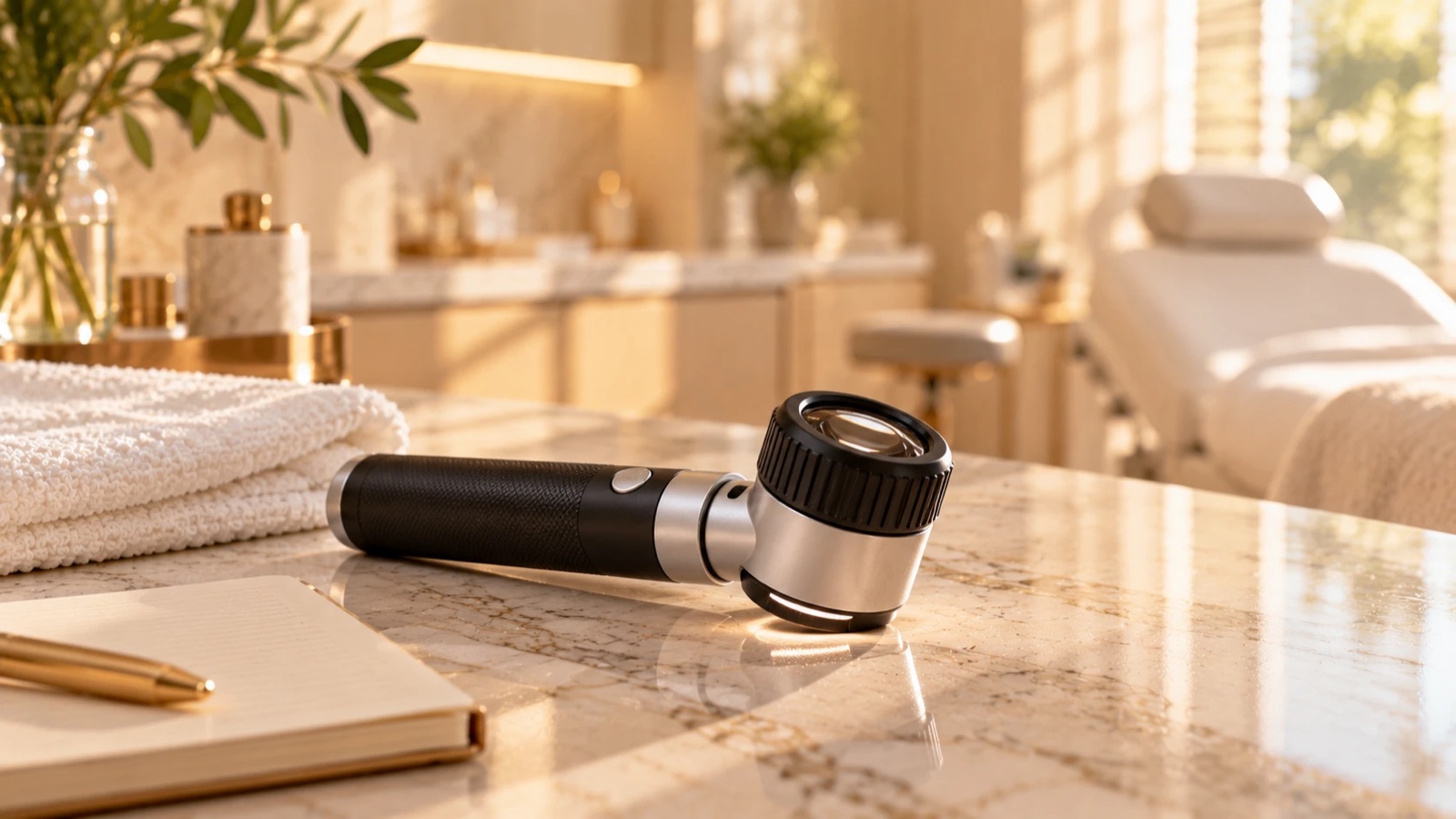 Dermatoscópio sobre bancada de mármore em consultório de dermatologia